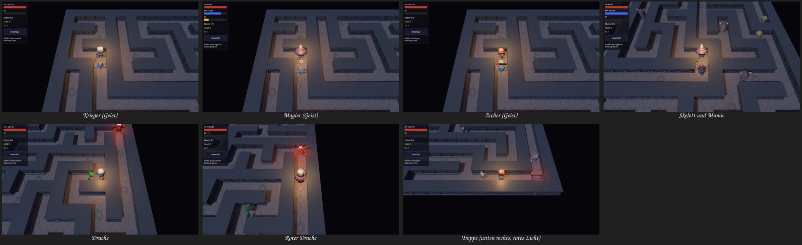 Krieger, Magier und Archer im Kampf gegen Geister, dazu Skelett und Mumie, Drache, Roter Drache und die Treppe