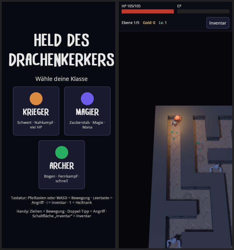 Smartphone-Hochformat, in Firefox emuliert: links die Klassenwahl, rechts das Spiel mit der HUD-Leiste oben